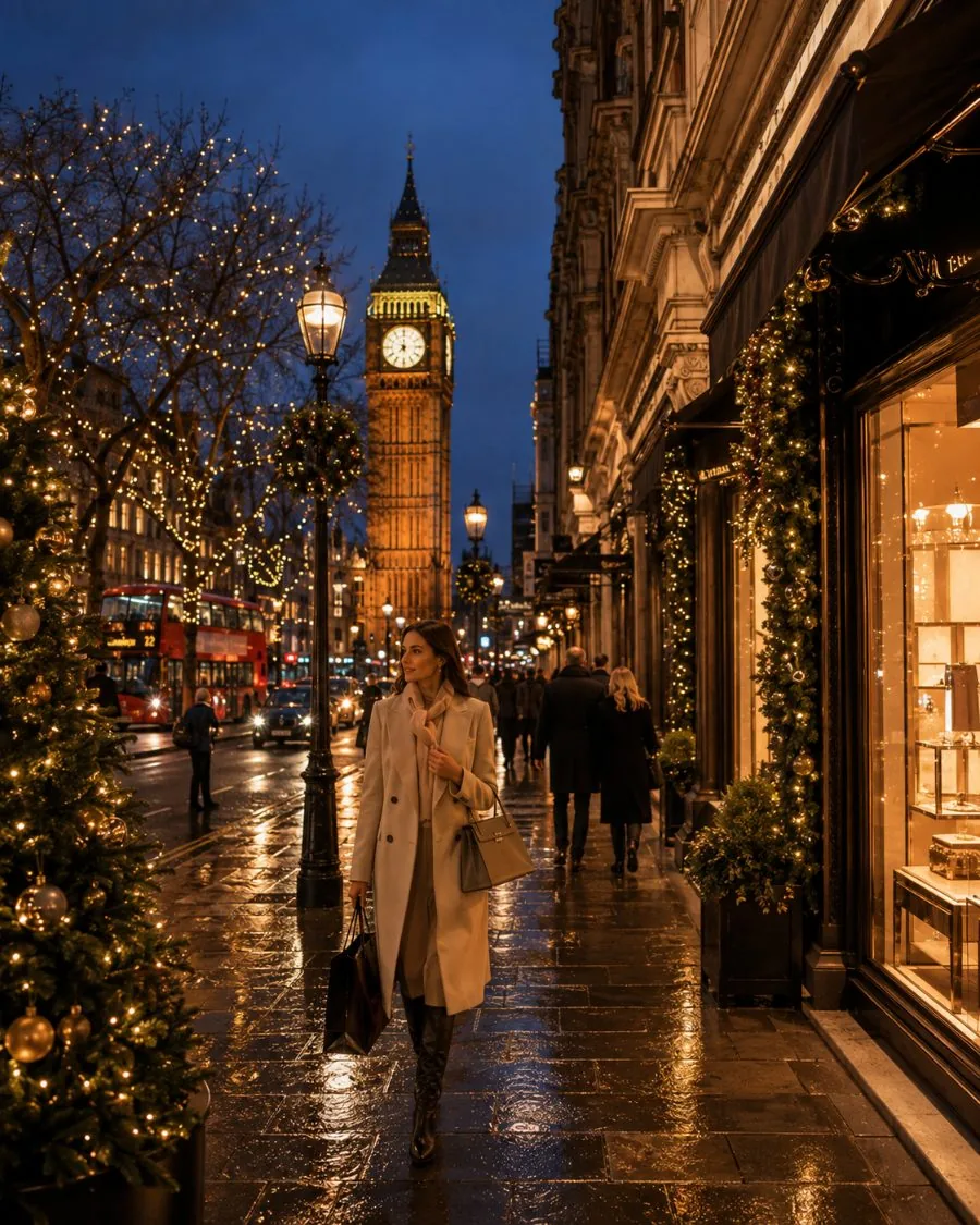 Christmas shopping by Big Ben at dusk